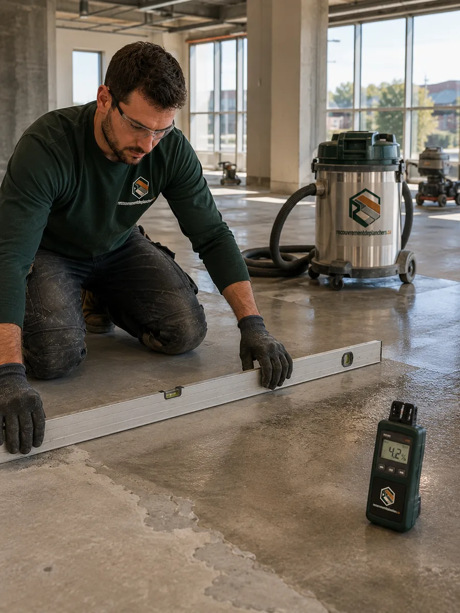 Préparation et mise à niveau d'une surface de béton avant la pose